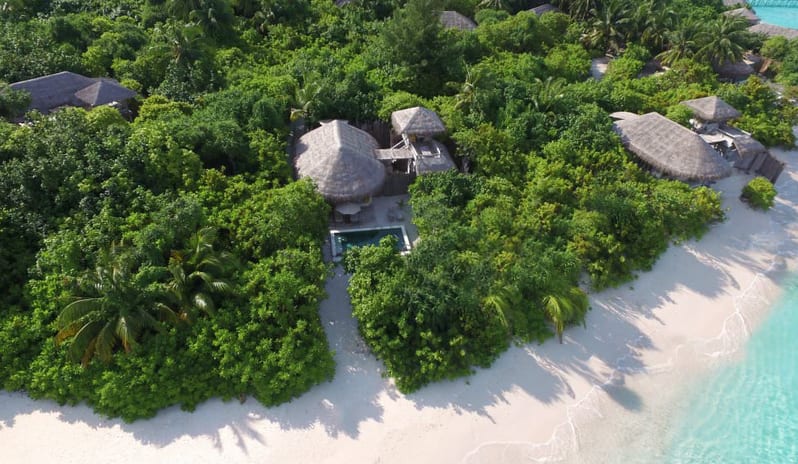 Six Senses Laamu-Ocean Beach Pool Villa aerial view_9315